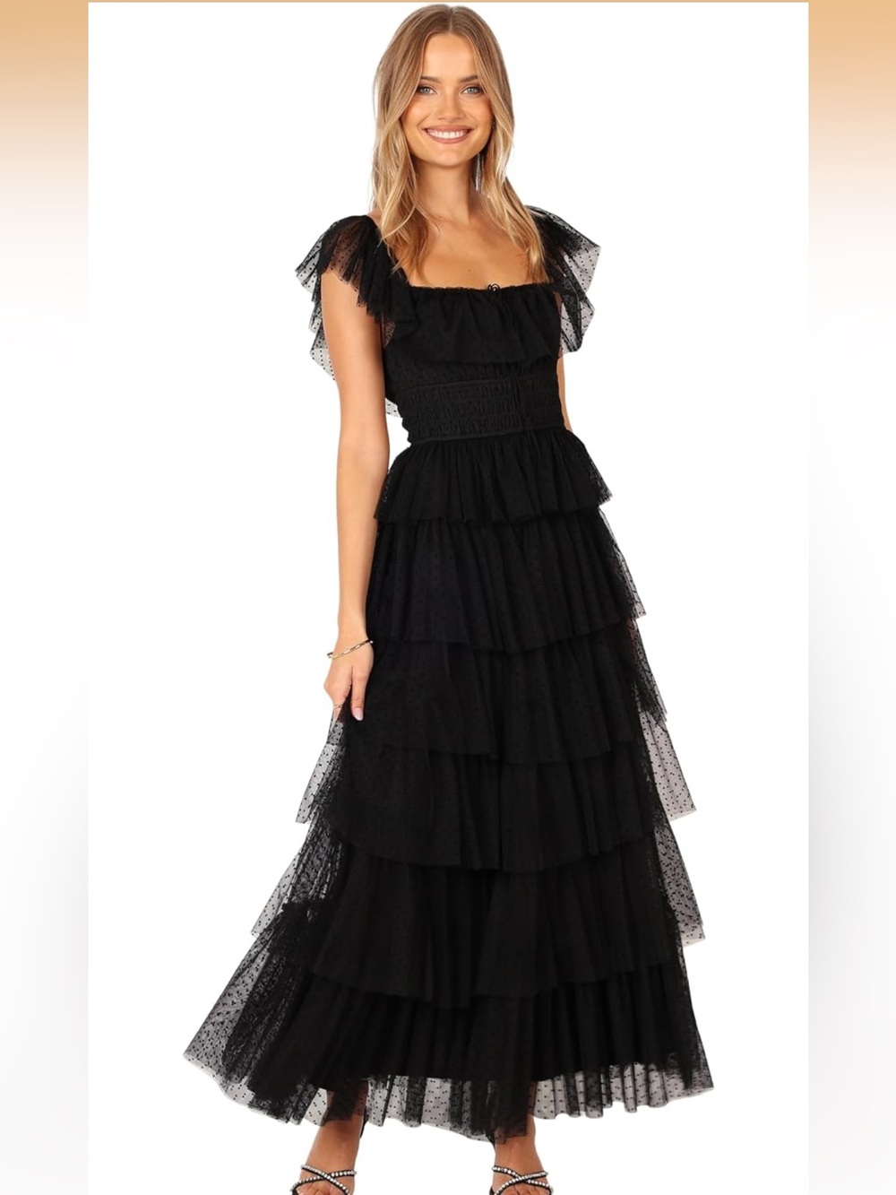 Petal & Pup Belle Black Swiss Dot Tiered Ruffle Tulle Maxi Dress Medium